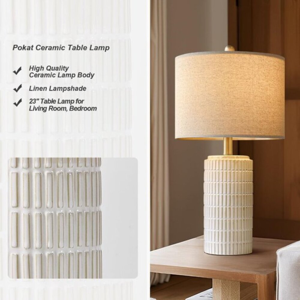 New Set of 2 Modern Ceramic 23Inch Table Lamp, White Desk & Bedside Lamps - Picture 5 of 9